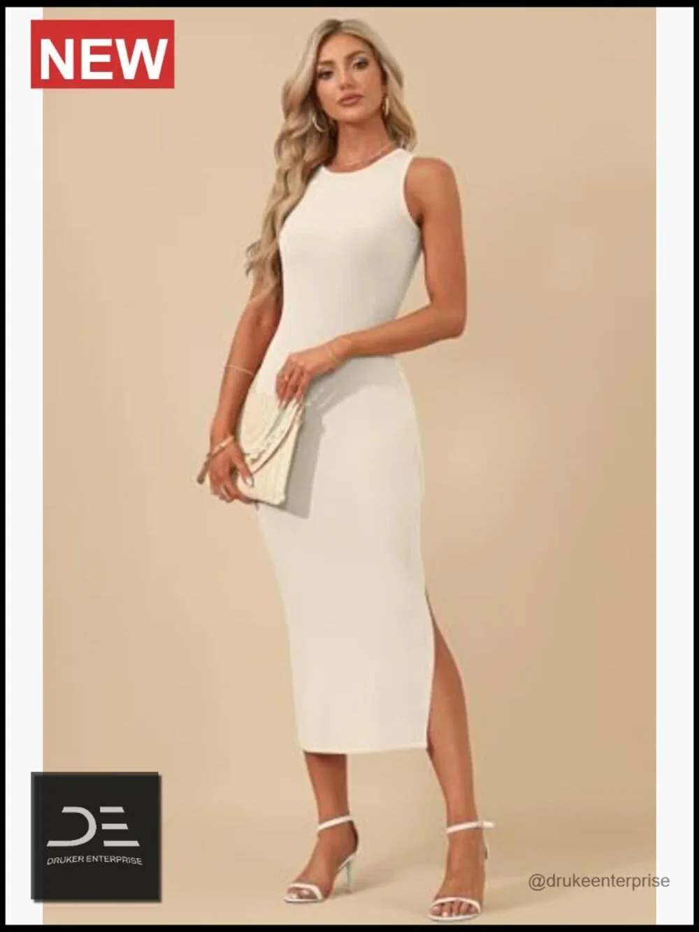 Sleeveless Ribbed Knit Midi Bodycon Dress Side Split